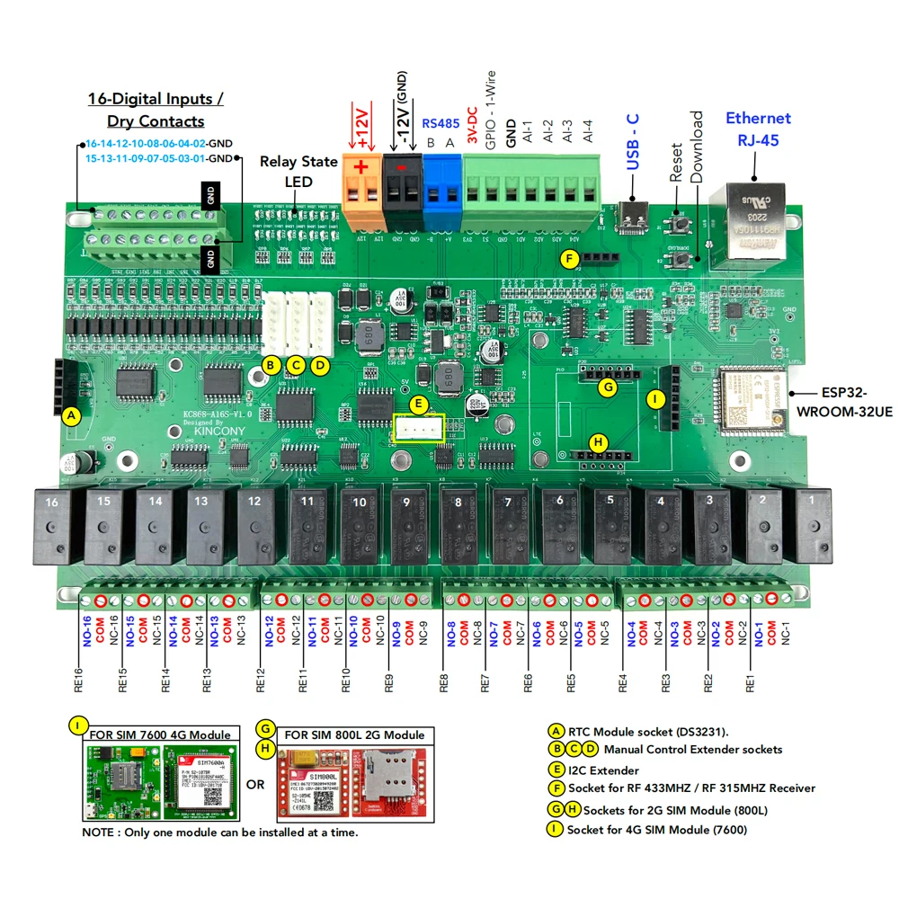 KC868-A16S 16CH ESP32 Relay Board Ethernet Wifi Switch MQTT TCP HTTP ESPhome Smart Home Assistant Tasmota 2/4G RTC DS3231 Module