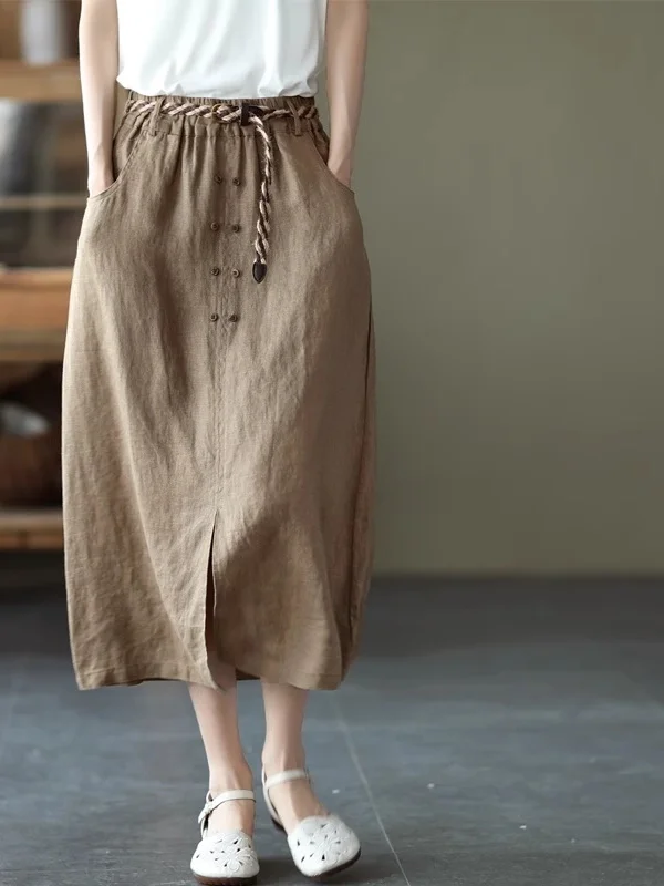 

Summer New Vintage Color High Waist A-Line Skirt Women Lightweight Loose Slimming Linen Mid-Length Slit Skirt