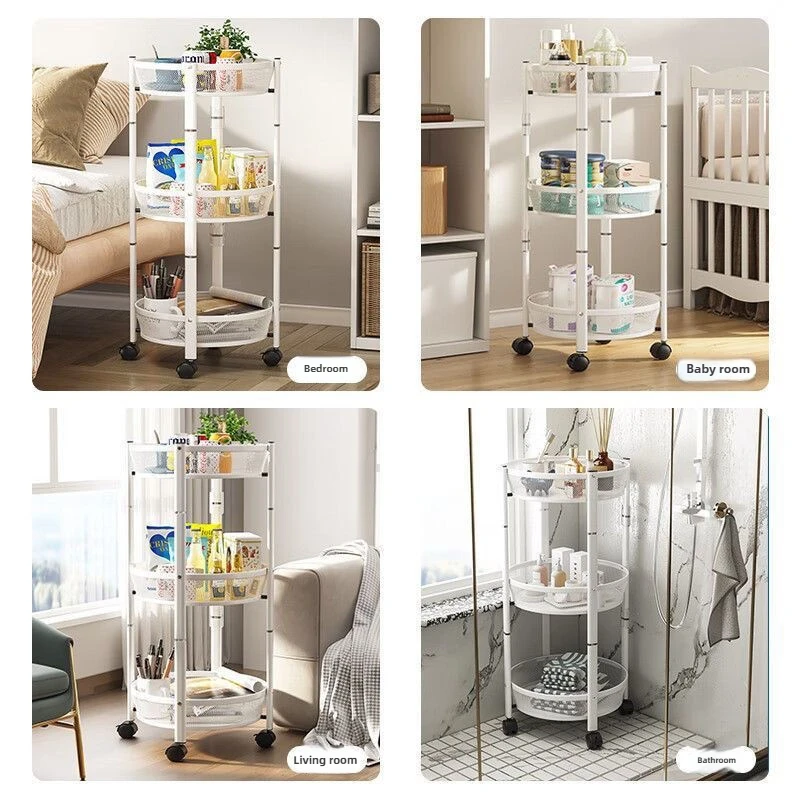 ‌Rotating Kitchen Shelf, Foldable Storage Rack, Mobile Fruit Basket, No-Tool Bathroom Organizer ,Space-Saving Multi-Tiered Stand