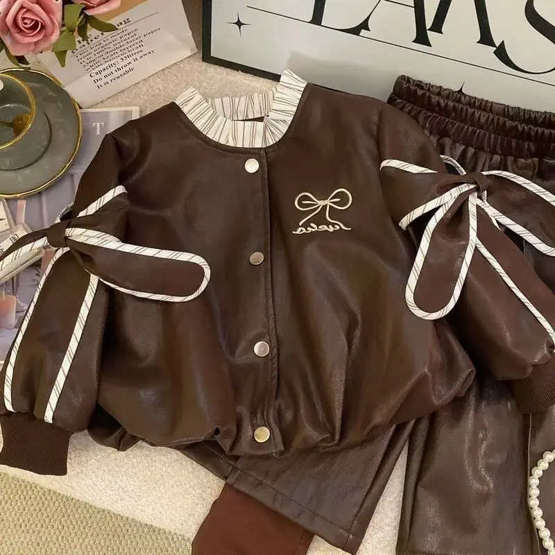Girls Faux Leather Jacket & Pants Set – Ruffle Trim Stand Collar Spliced Cuffs, Autumn 2-Piece Outfit Toddler Girl Clothes