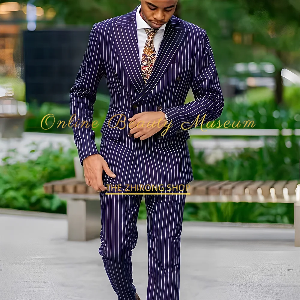 

Purple Stripe Men’s Suit 2pcs Double Breasted Formal Blazer Pants Perfect Tailored Set for Wedding Groom Banquet Prom Party