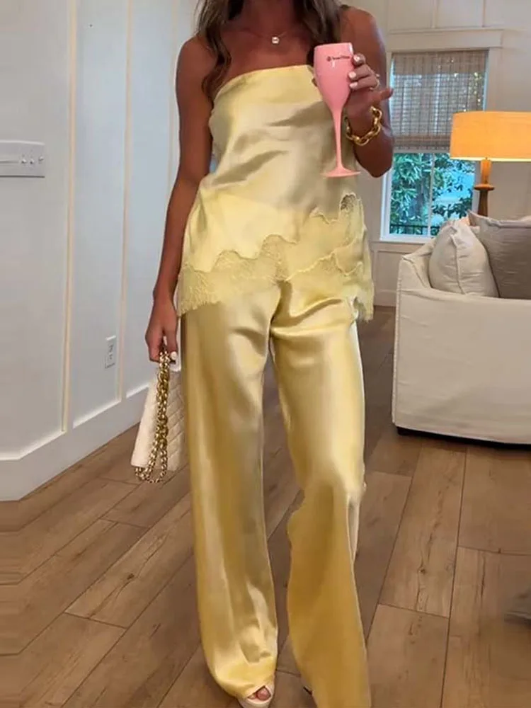 Women Sexy Sleeveless Solid Outfits Fashion Embroidery Patchwork Satin Solid 2Pc Suits Elegant Strapless Tops & Long Pant Sets