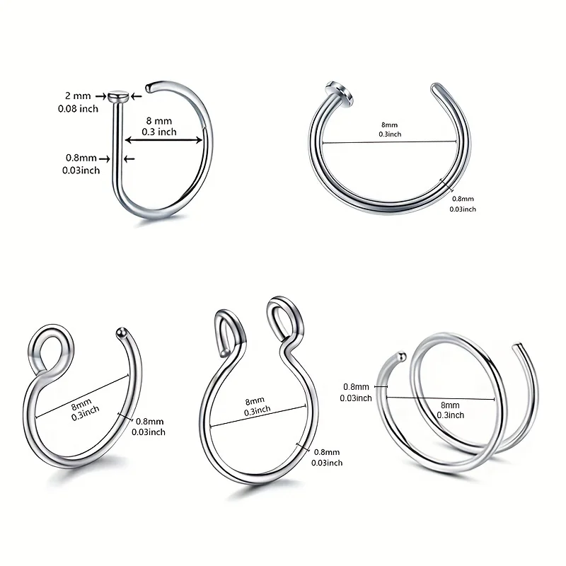 3Pcs/5Pcs Fake Piercing Nose Lip Ring Clip For Men Stainless Steel Fake Nose Septum Ring Body Jewelry Unisex