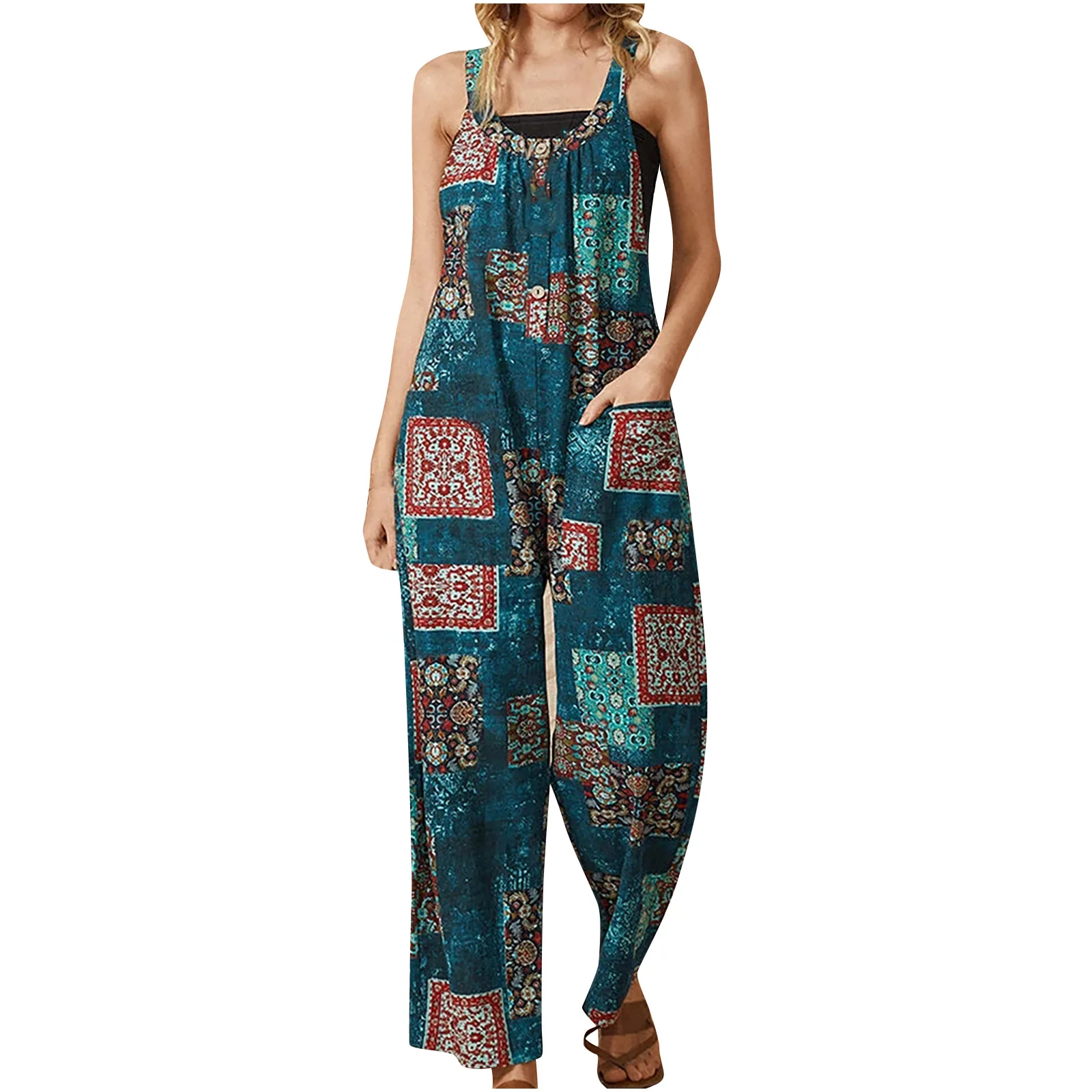 Women Boho Overall Pants Retro Floral Print Sleeveless Jumpsuit Suspender Trousers with Pockets Female Loose Jumpsuits Plus Size