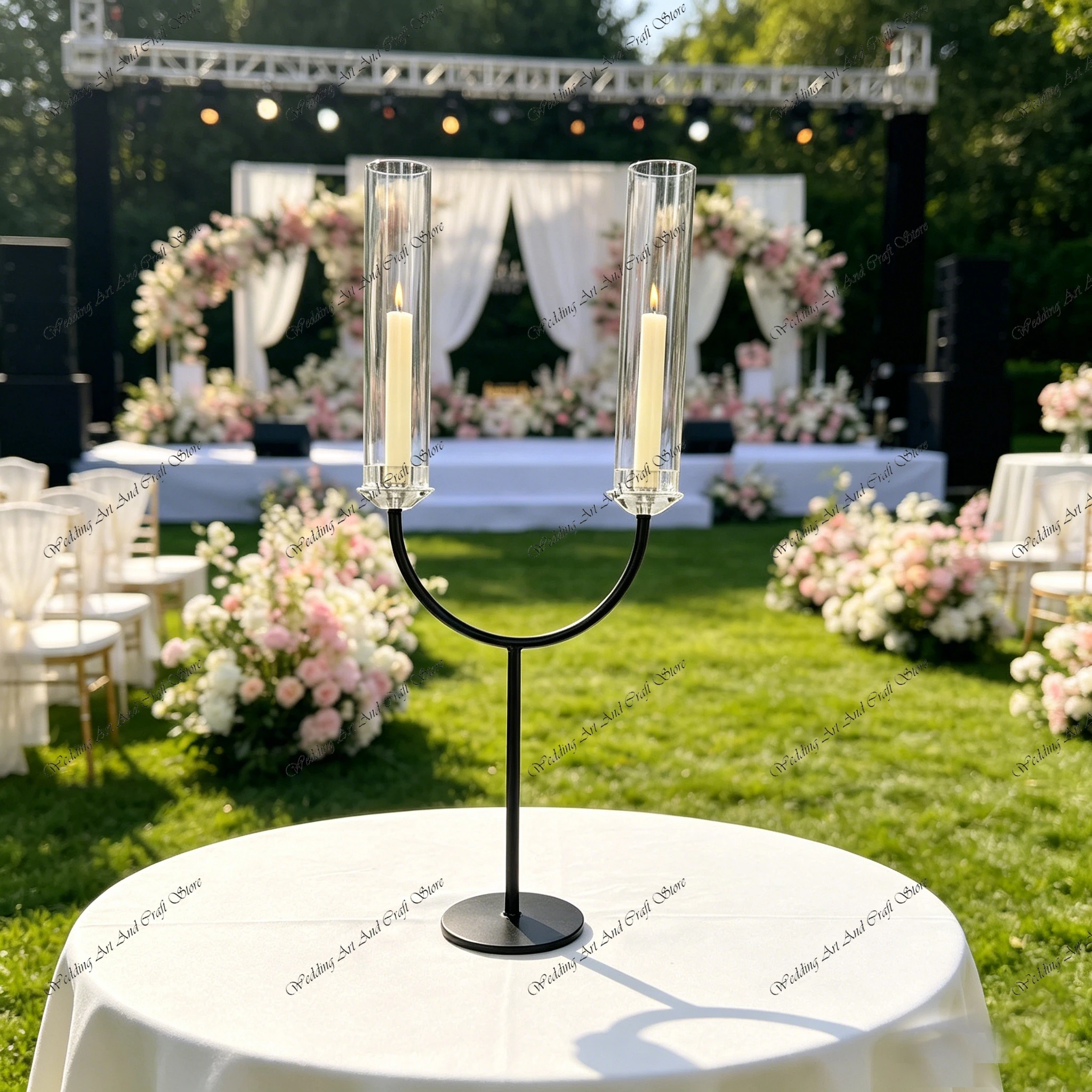 

10pcs f30 H80cm 2 Arms Glass Hurricane Candle Holder Candlesticks Metal Candelabra for Wedding Table Decoration ivy1014