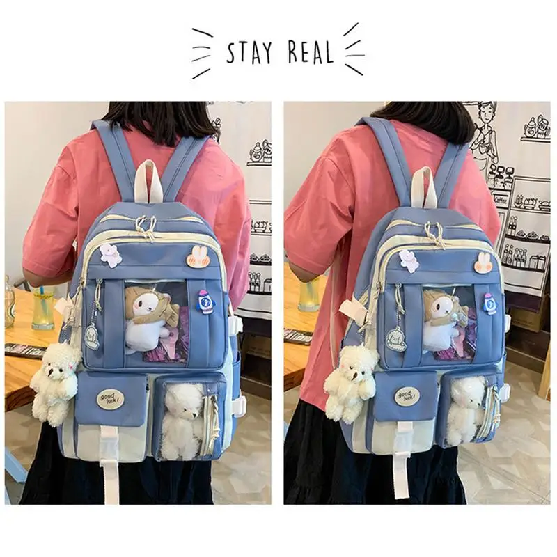 Simpatico zaino Kawaii per la scuola 5 pz/set zaino da scuola in tela Kawaii Bookbag per studenti medi con spille e ciondoli carini per