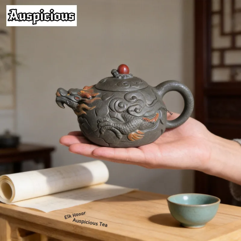 

260ml Boutique Yixing Purple Clay Teapots Handmade Dargon Spring Pot Raw Ore Azure Mud Kettle With Infuser Chinese Zisha Tea Set