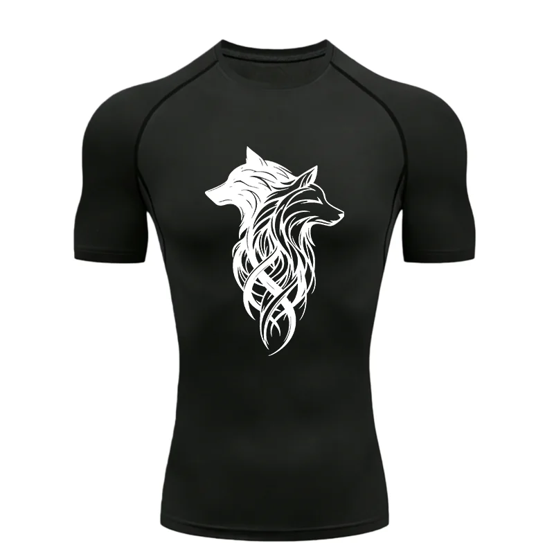 

Two-Headed Wolf Pattern 2026 Men's Sports T-Shirt Training Fitness Compression Workout T-Shirt Athletic Tees Gym T-shirts