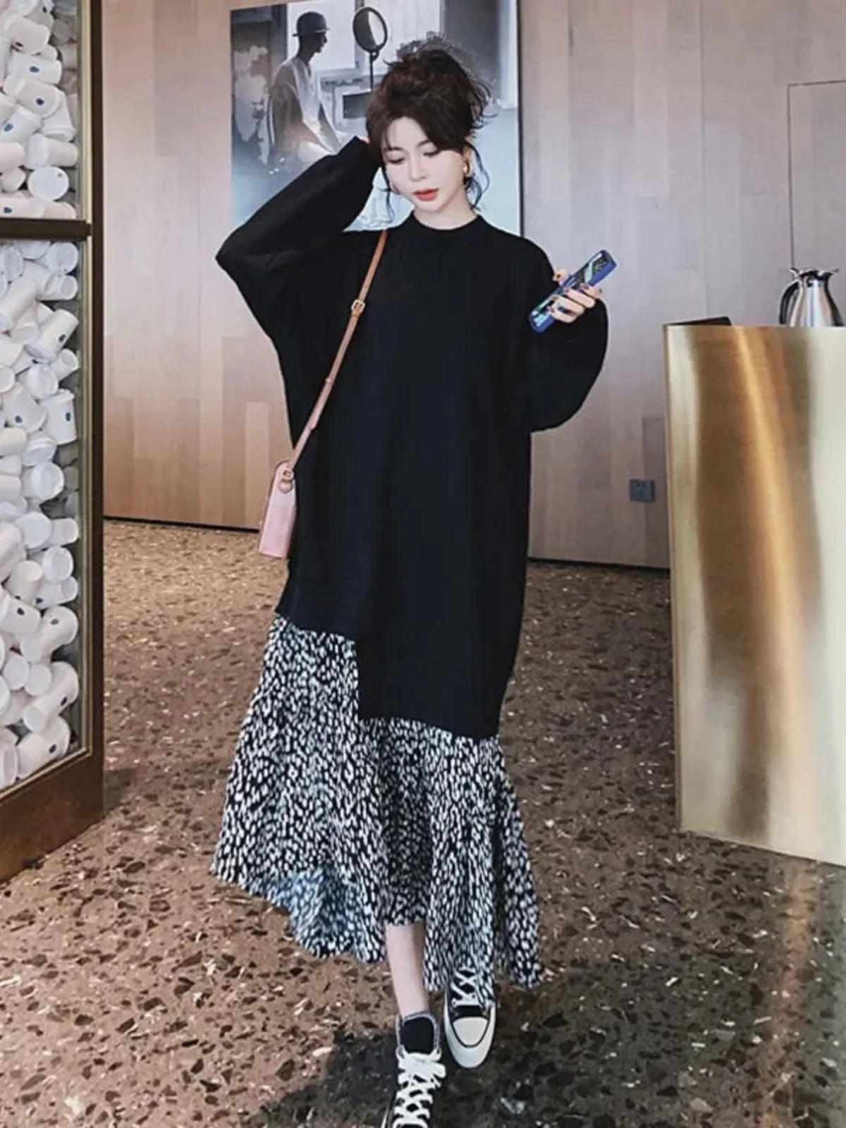 

plus Size Women's Sweatshirt Long Skirt Splice Loose Meat Hiding Slimming Dress Trendy Autumn Spring Casual Korean Style