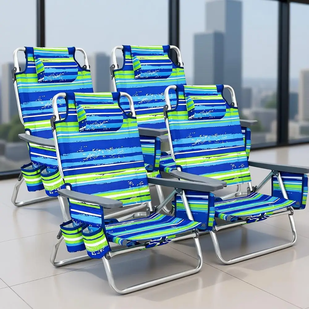

Portable Beach Lounge Set with Armrests, Cooler, Cup Holders, Towel Bar, and Side Pockets (4 Blue Striped Chairs)
