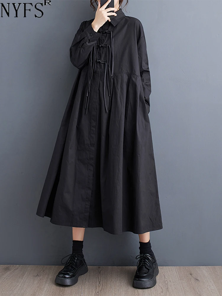 

NYFS 2023 New Autumn Korean Womens Dresses Vestidos Robe Elbise Loose Plus Size Black Color Long Sleeve Shirt Dress