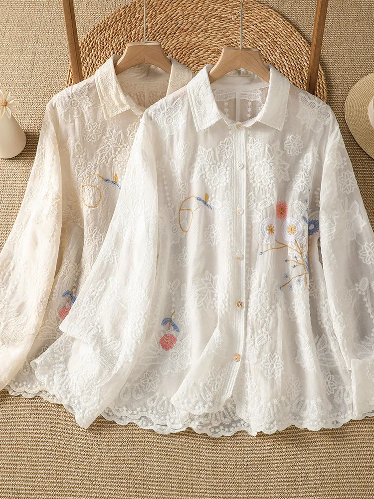 High-End Long Sleeve Women's Shirt Loose Fit Lace Embroidery Sun Protection Casual Artistic Style Breathable Autumn New Arrival