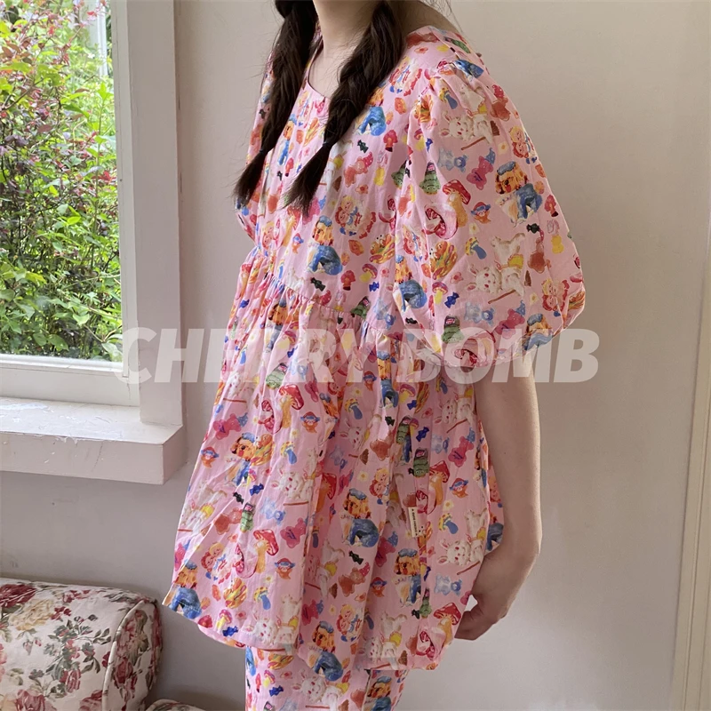2025 Summer New Pure Cotton Kawaii Cute Girl Short-sleeved Pajamas Cartoon Printing Student Loose Casual Loungewear
