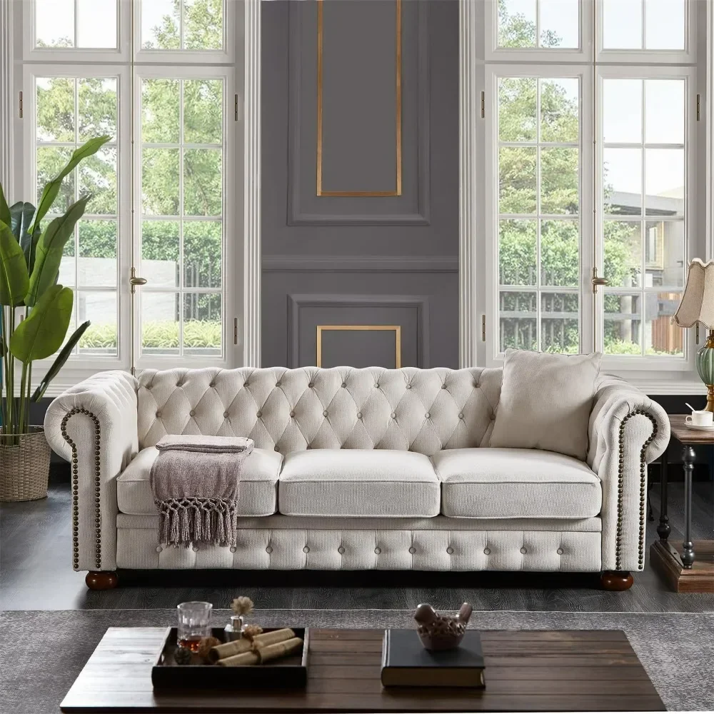 Sofa, 3-Seat Chesterfield Sofa with Button Tufted, Nailhead Trim and Wood Legs, Classical Linen Fabric Couch for Living Room