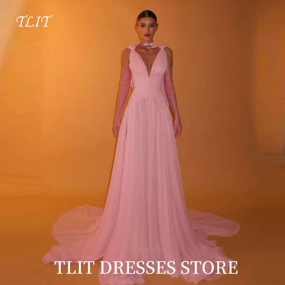 فستان سهرة طويل من TLIT بسيط وردي على شكل حرف a للنساء العربيات السعوديات برقبة على شكل حرف v فستان رسمي للحفلات من الشيفون الحريري فستان مخصص #2
