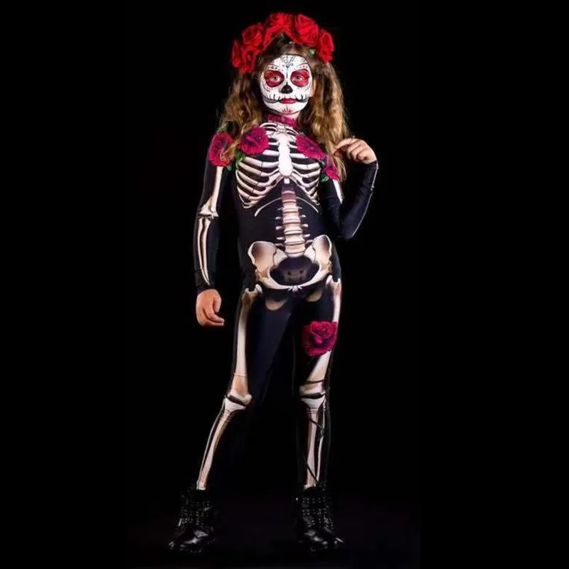 

Комбинезон с розой и черепом, страшный костюм на Хэллоуин для женщин и девочек, наряд для ролевых игр, праздничный карнавальный костюм со скелетом и принтом