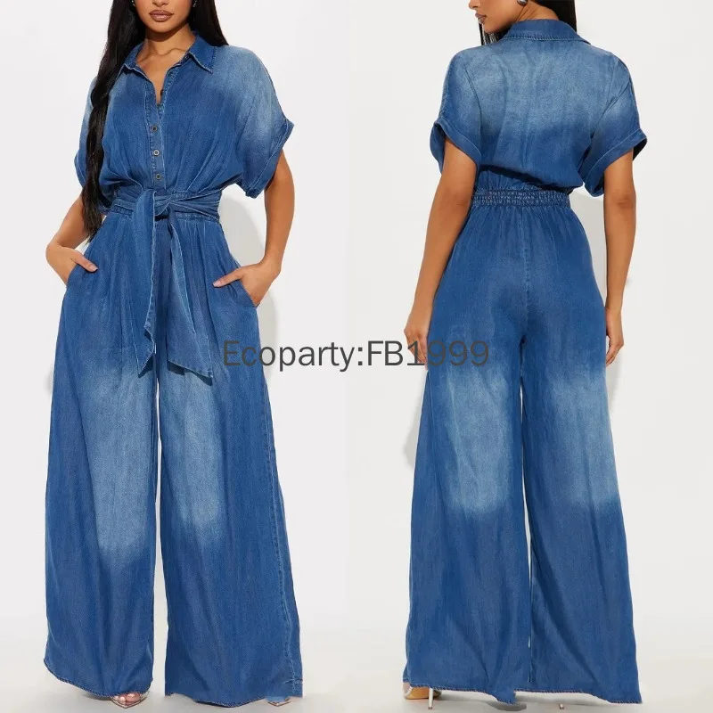 

New Women Summer Denim Jumpsuits Fashion One Piece High Waist Wide Belt Leg Loose Rompers Female Casual Y2k Streetwear Pants