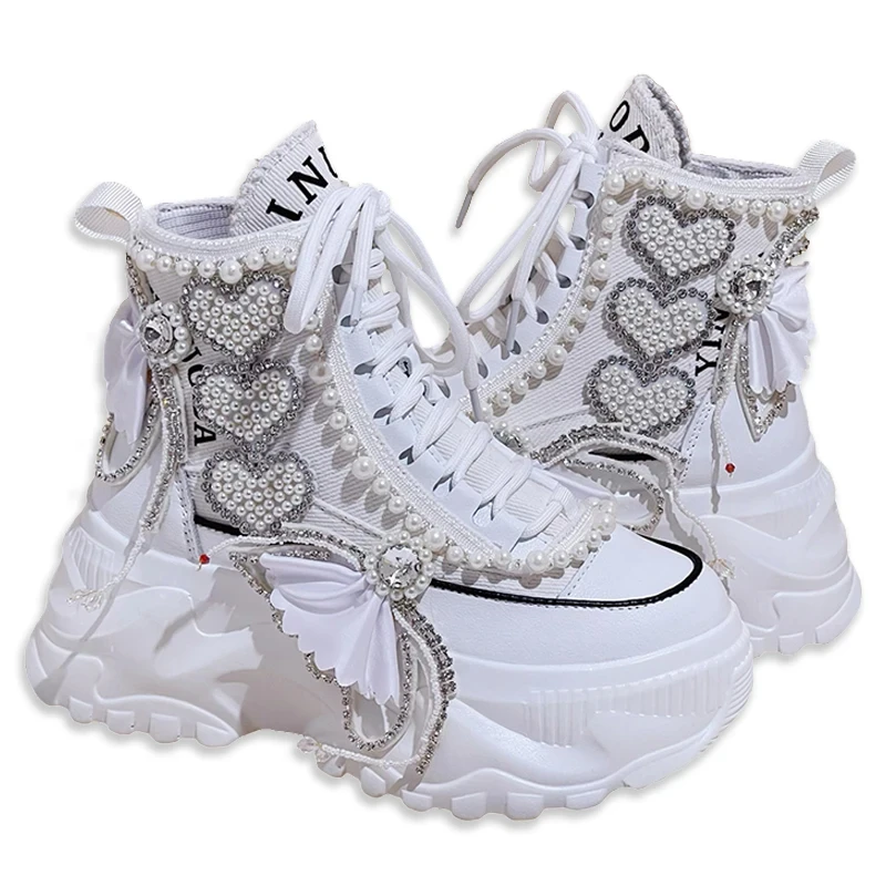 White Pearls Casual High Platform Women Sneakers Female Ankle Booties Heart Rhinestones Ladies Casual Thick Bottom Shoes