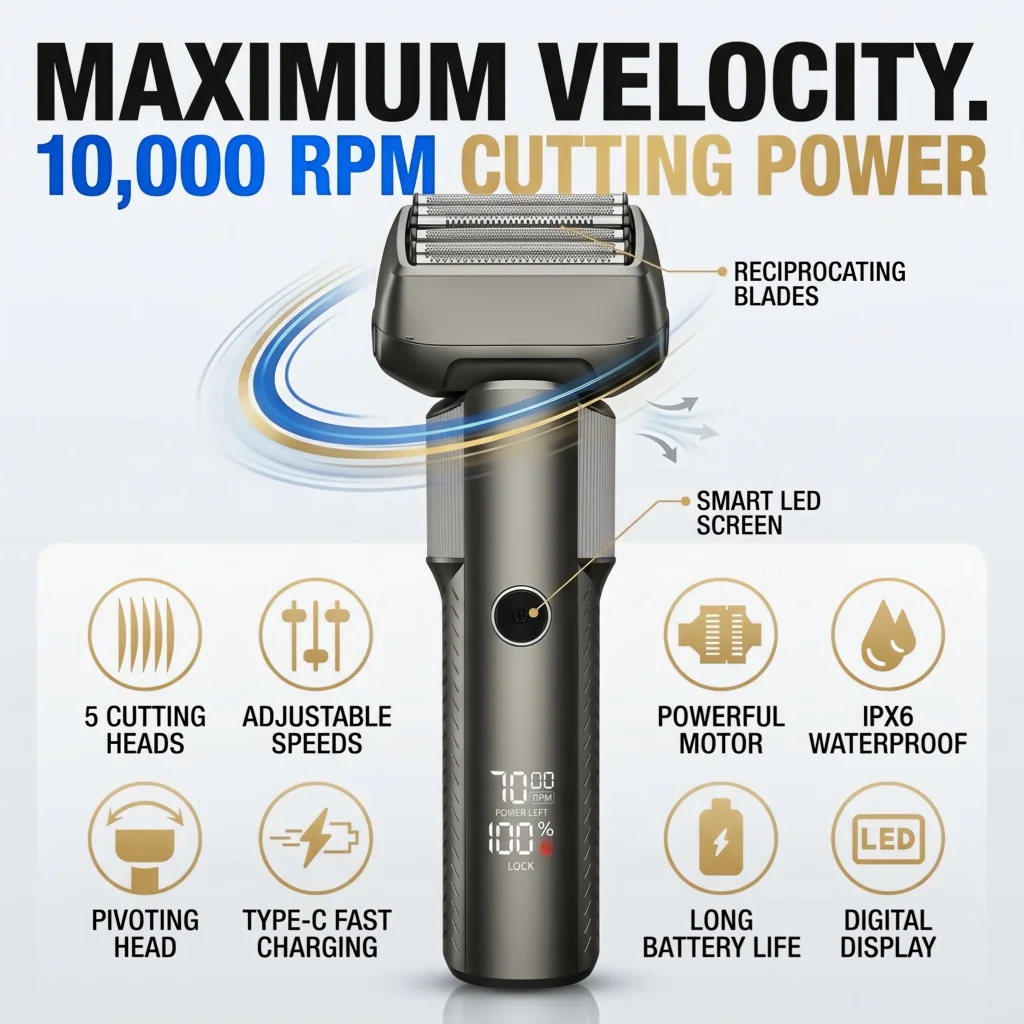 Reciprocating Electric Shaver for Men, 5-Blade Foil Razor with 10,000 RPM Powerful Motor, IPX6 Waterproof Wet & Dry, Smart LED Display, Type-C Fast Rechargeable, Pivoting Head for Smooth Grooming
