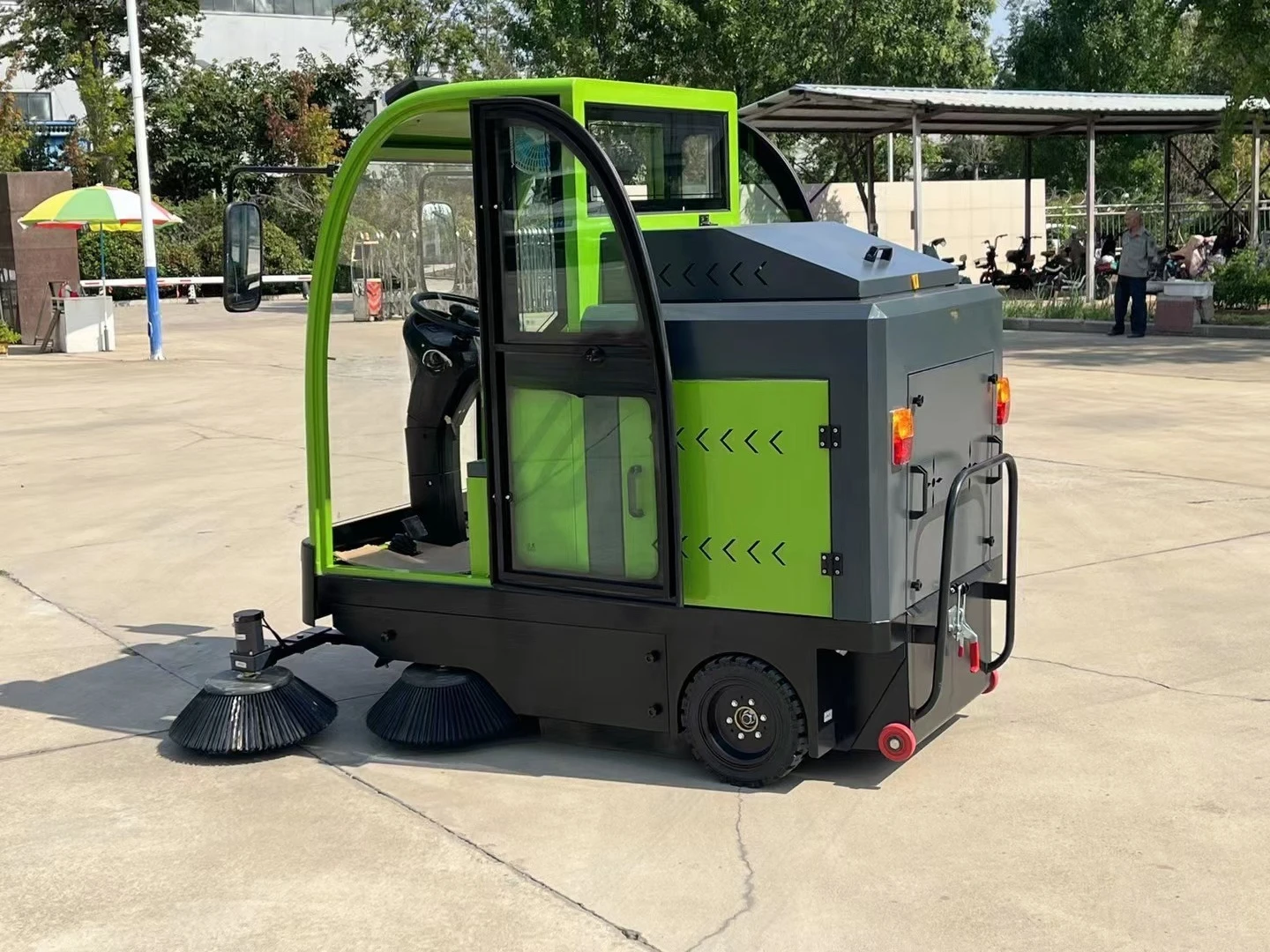 Multi-function ride-on sweeper, small drive-on, electric sweeper