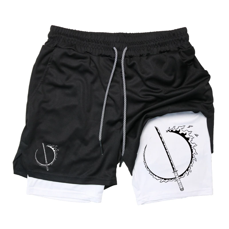 

Мужские шорты для бега с графическим принтом меча 2 в 1, спортивные быстросохнущие шорты с карманом для телефона, летние шорты для спортзала, спортивная одежда