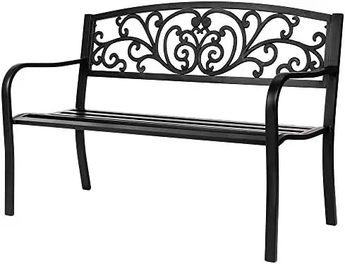 Outdoor Bench for Patio Metal Garden Bench w/PVC Back Pattern, Black Park Benches Front Porch Benches for Yard Lawn