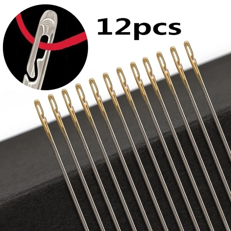 

12pcs Sewing Needles Set Multi-size Side Opening Hole Fast Through Stainless Steel Darning Hand Tools Diy Jewelry Accessories