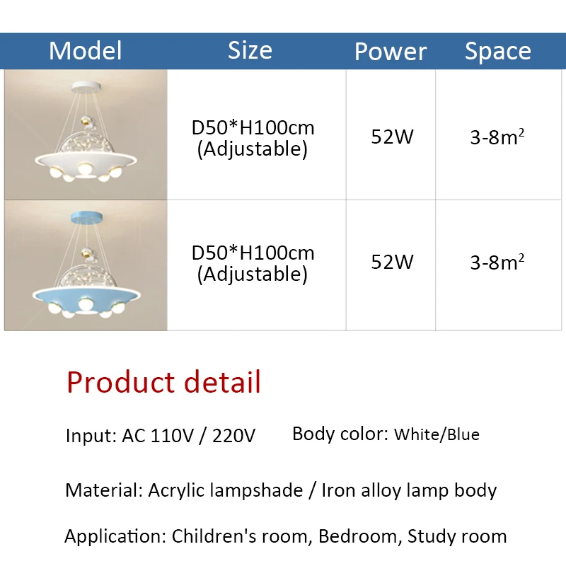 어린이 방 LED 샹들리에, 현대 어린이 램프, 여아 남아 침실 아기 방 우주선, 흰색 및 파란색 조명 기구, AC220V