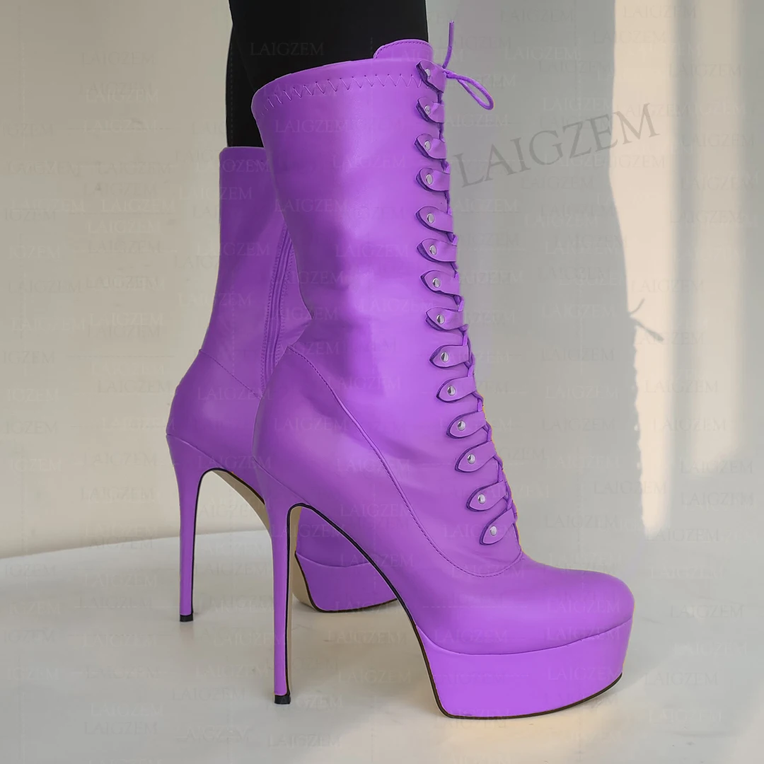 

LAIGZEM Женские сапоги до середины икры на платформе с круглым носком и боковой молнией на тонком высоком каблуке Сапоги женская обувь ручной работы Женские большие размеры 41 43 45 52