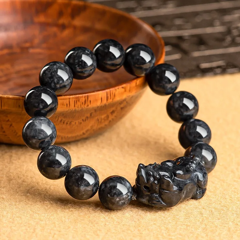 

Genuine Natural Black Burmese Emerald Pixiu Bead Jade Bracelet Bangle Carved Fashion Charm Jewelry Luxury Amulet Gifts for Men