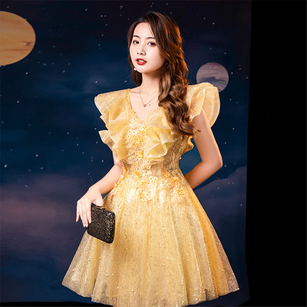Elegant Stock Lace Gold Short Homecoming Dresses 2025 Organza Mini Cocktail Birthday Prom Party Graduation Gown Hoco Dress H313
