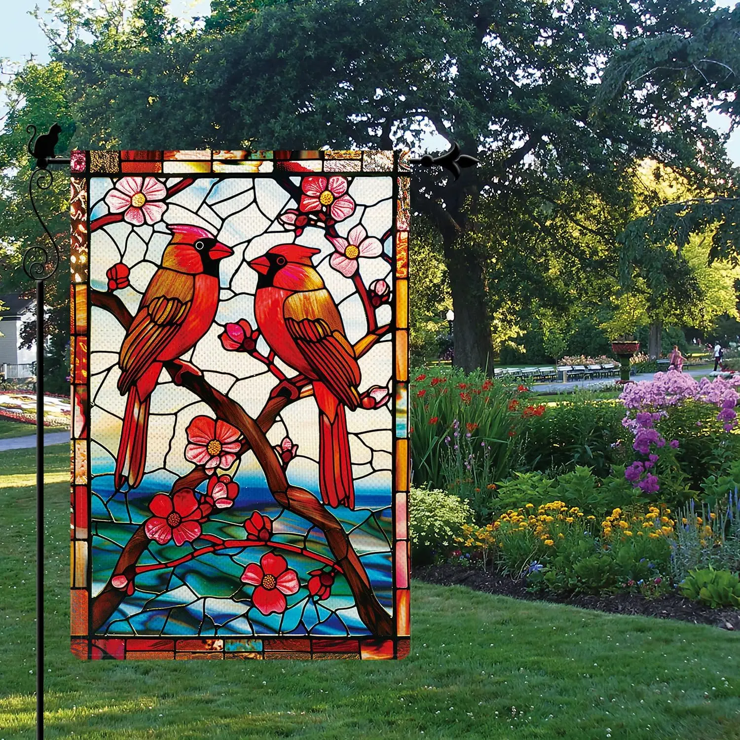 Gormcore Northwest School Inspired Stained Glass Window Cardinals in Cherry Spring Garden Flag Vertical Double Sided Spring Summ