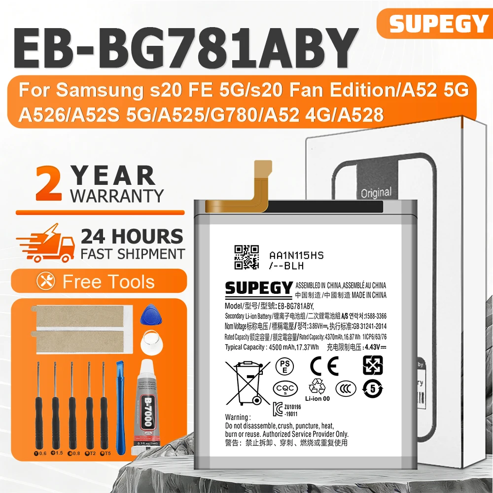 

SUPEGY 100% New Battery EB-BG781ABY For SamsungS20 FE 5G/S20 Fan Edition/A52 5G/A526/A52S 5G/A525/G780 Battery +Tools