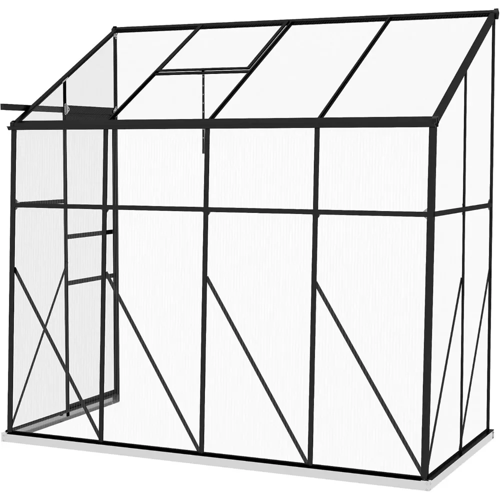 Lean-to PolyCarbonate Greenhouse, Walk-in Greenhouse w/Sliding Door, 5-Level Roof Vent, Rain Gutter, Aluminum Frame & Foundation