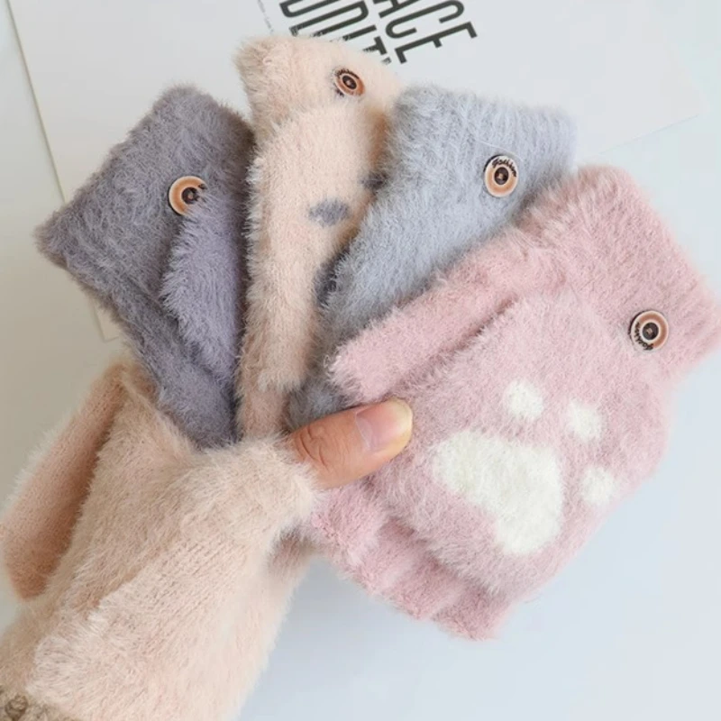 

Fashion Cat Paw Printing Winter Gloves Half Finger Imitation Mink Plush Mittens for Women Knitted Flap-top Soft Warm Gloves