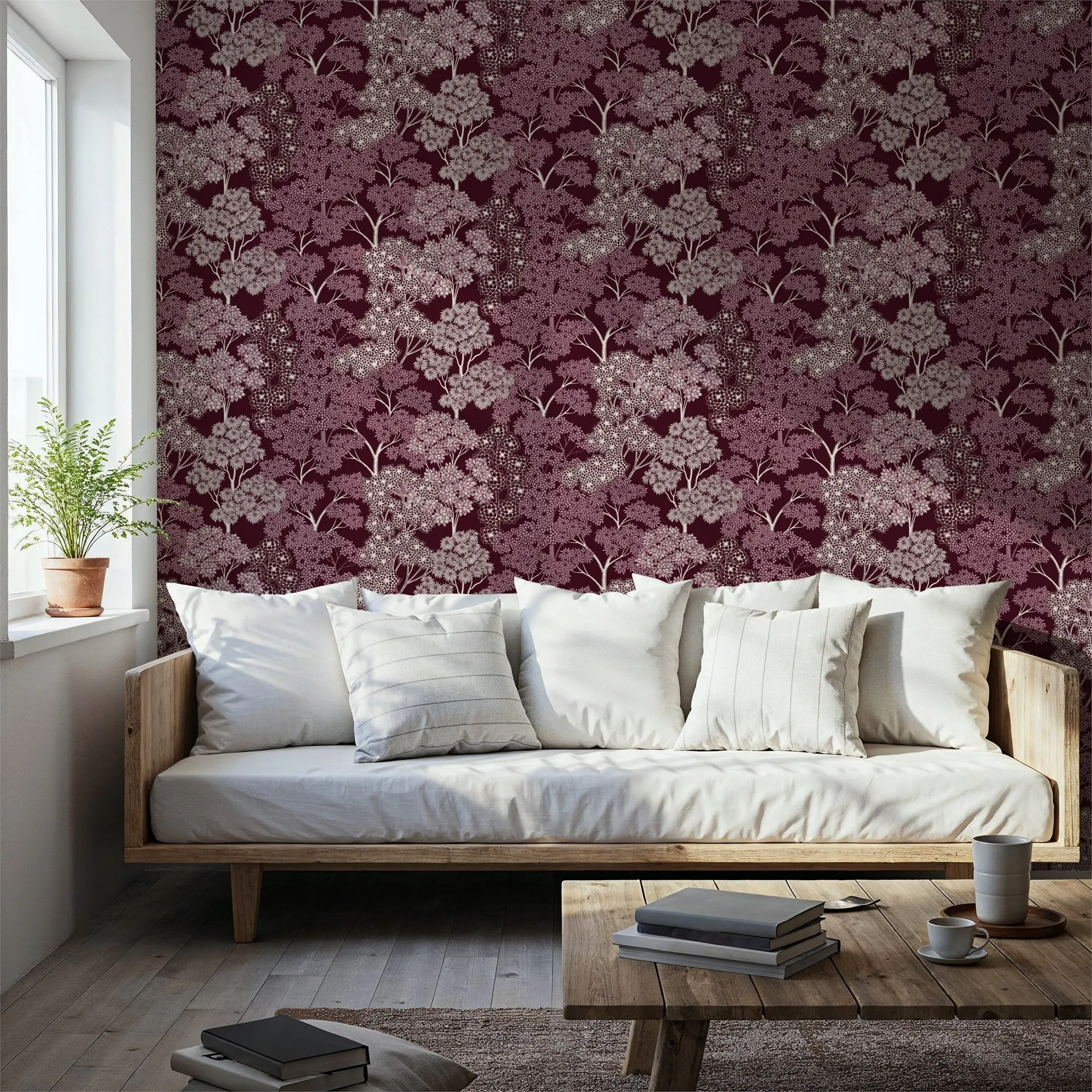 Custom Overleaf Woodland Pattern Burgundy Large Peel and Stick Mural Wall Decor