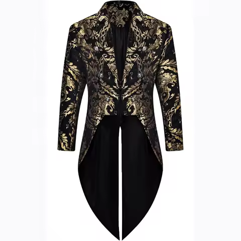 Men's Gothic-Inspired Brocade Tailcoat Baroque Jacquard Dress Jacket Victorian Steampunk Formal Wear Black Damask Evening Coat