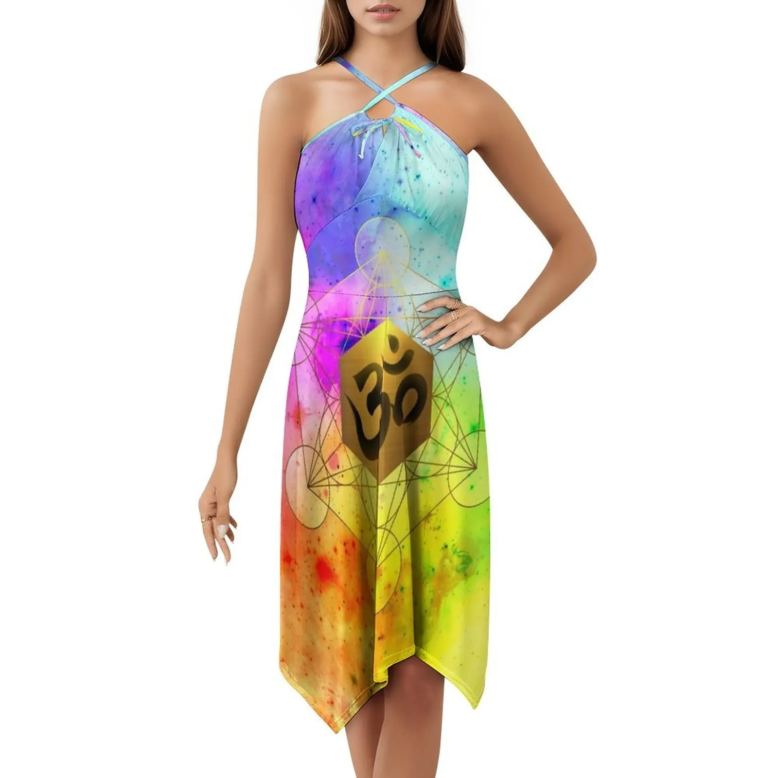 الهندسة المقدسة Metatron'S Cube Om Chant فستان سموك الأزهار للنساء الربيع الصيف فستان كاجوال للحزب الهندسة المقدسة Om