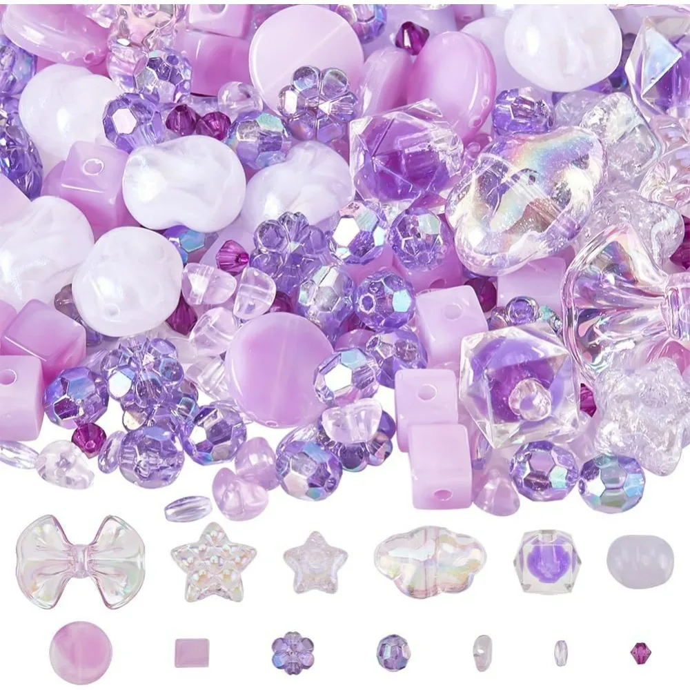 

262Pcs 13 Styles Mixed Purple Beads Acrylic Assorted Beads Crack Round Star Bownot Flower Plastic Small Spacer Loose Beads