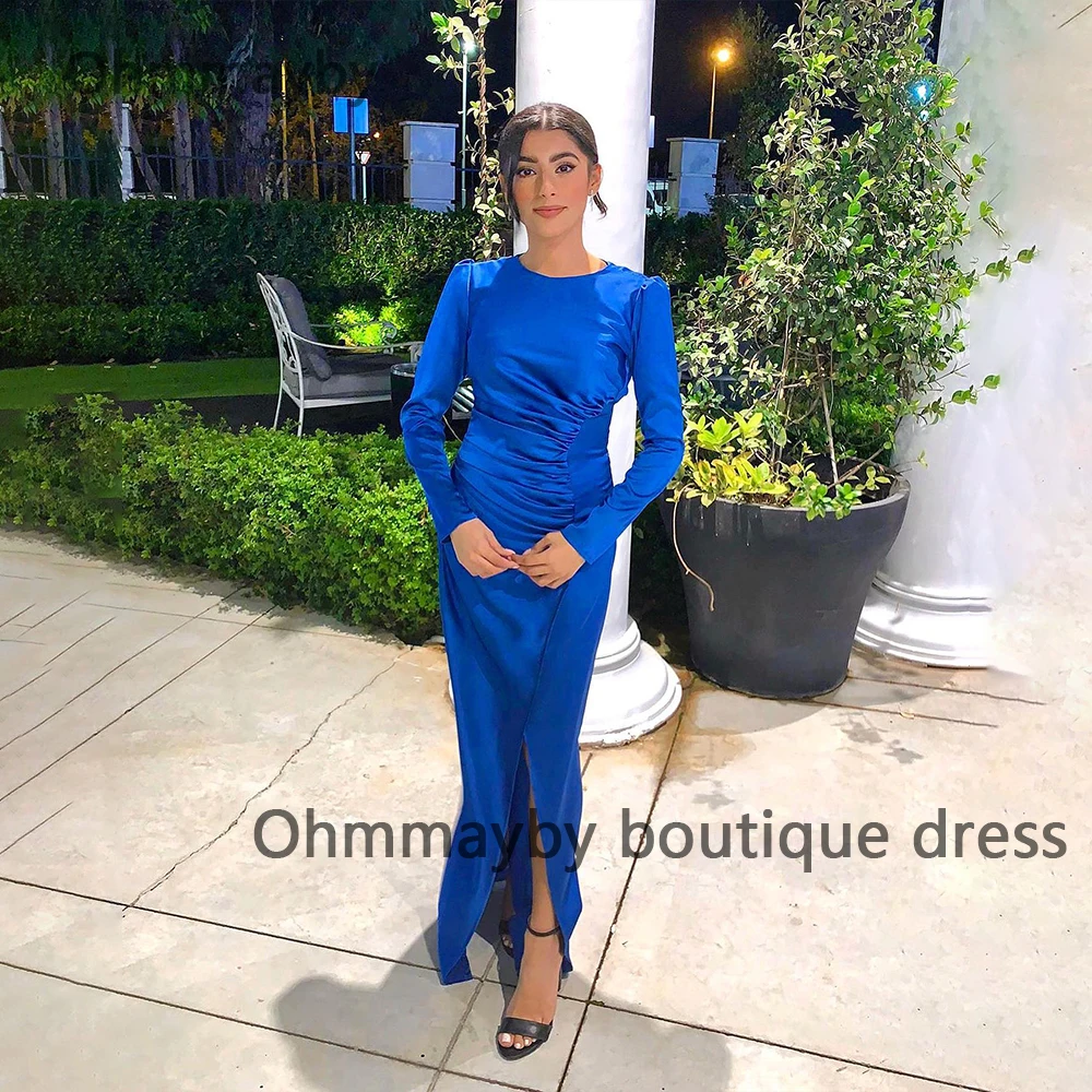 

Royal Blue Mermaid Evening Dresses Long Sleeve O Neck Prom Party Dress with Slit Floor Length Formal Occasion Gowns for Women