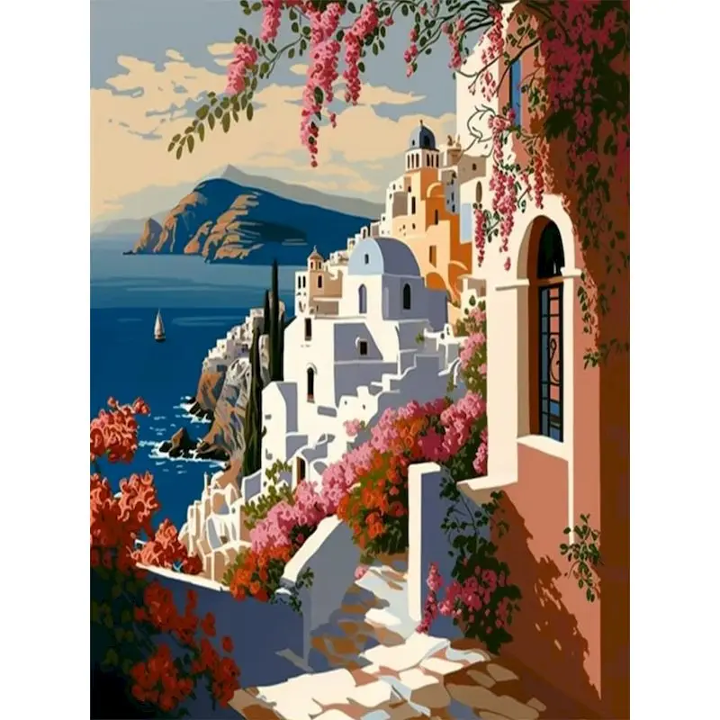 

GATYZTORY Acrylic Paint By Numbers For Adults Greece Coastal Town Unframe Paint Kit for Beginner Number Painting On canvas
