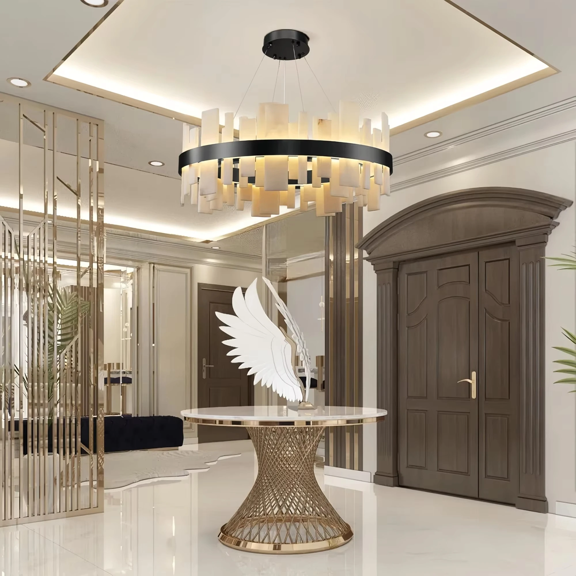 Modern Alabaster Round Chandelier LED Gold Black for Dining Room Bedroom Bar Study Marble Pendant Lighting Fixture
