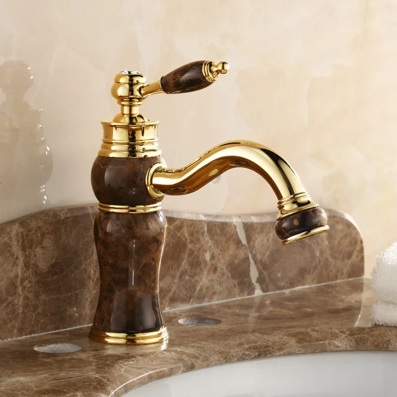 

Basin Faucets Europe Style Gold basin Faucet Bathroom Single Double Hole Bathroom Gold with marble Mixer Taps Hot And Cold Tap