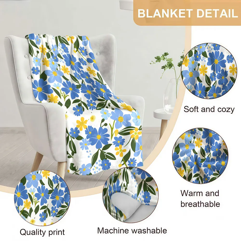 Blue Yellow Wild Floral Print Soft Warm Flannel Blanket Lightweight Cozy Christmas Halloween Home Decor Room