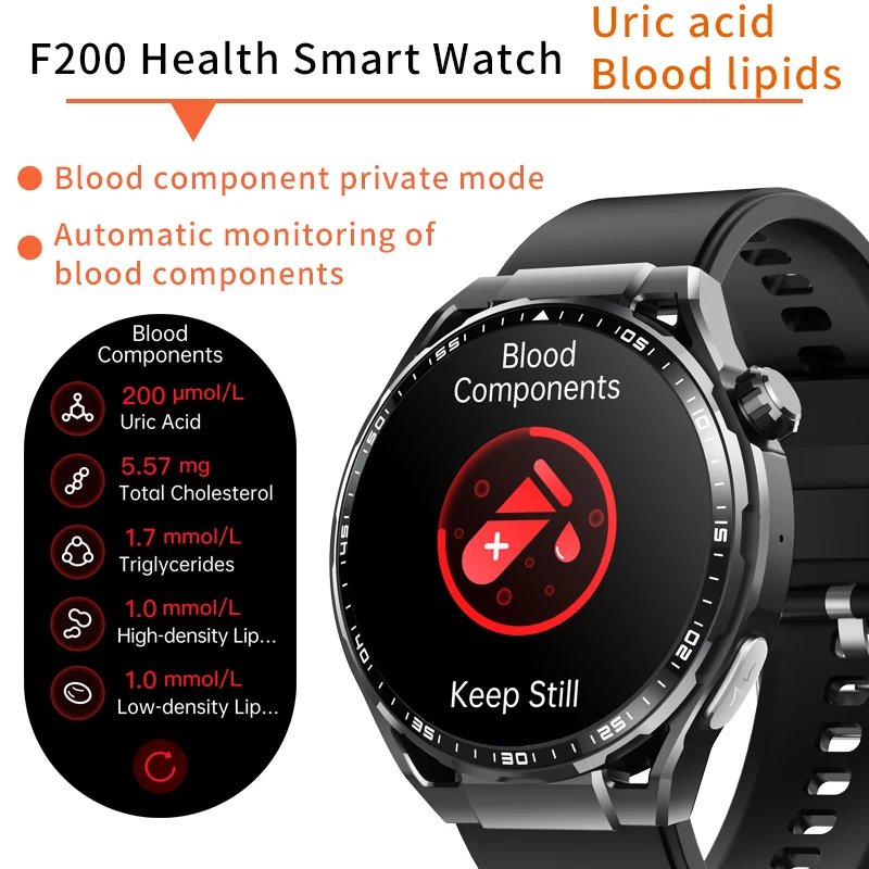 Smart Blood sugar watch 24h measurement of glucose, Blood pressure, Blood lipids, Uric acid, ECG, Wireless Bluetooth Smart APP