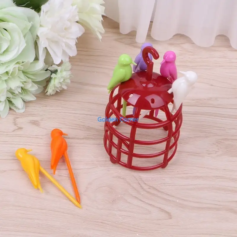 

E15D 6 Pcs for Creative Birdcage Fruit Fork Toothpick Plastic Stand Holder