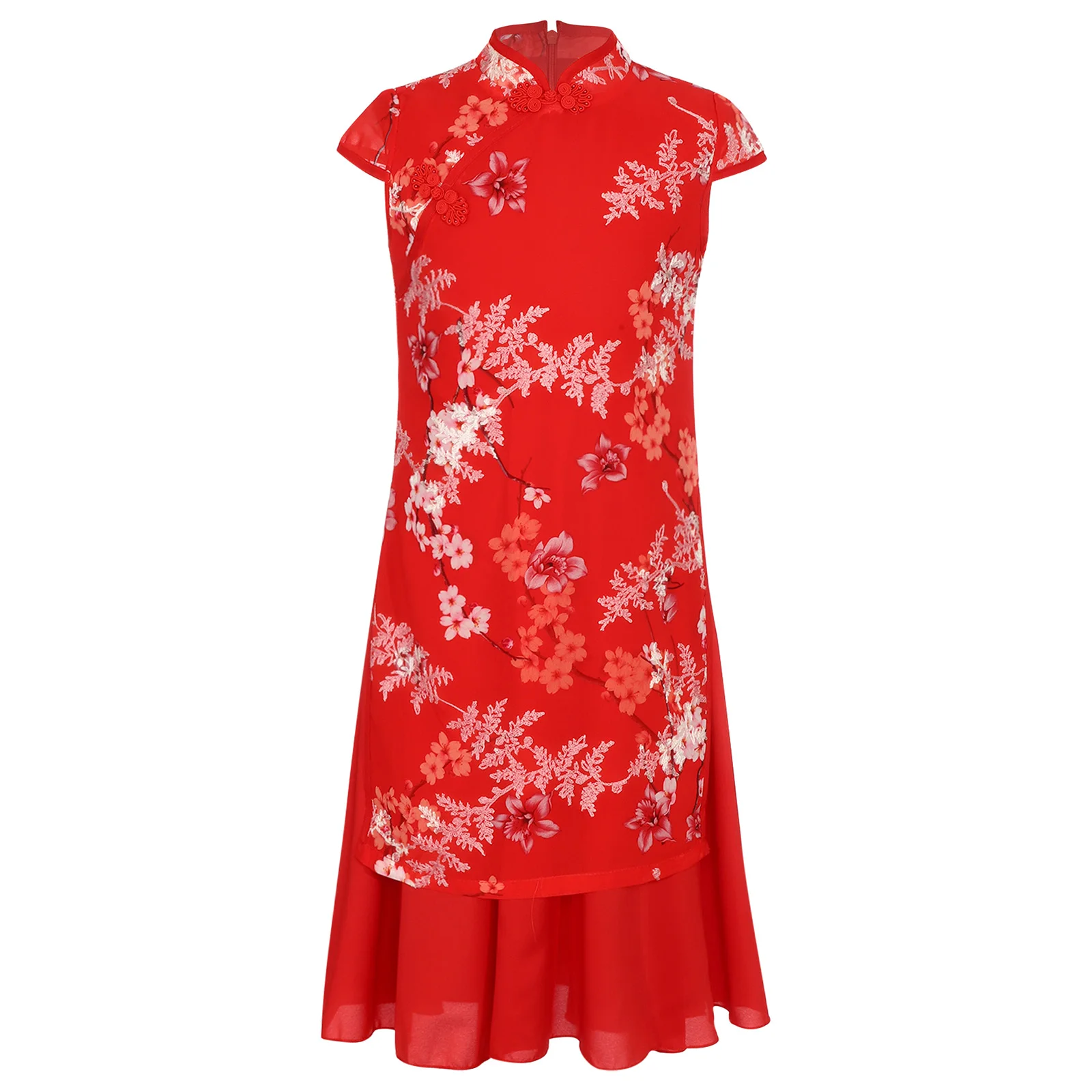 

Kids Girls Cheongsam Elegant Dress Chinese Traditional Costume Floral Print Embroidery Cap Sleeves Knot Button Sides Split Dress