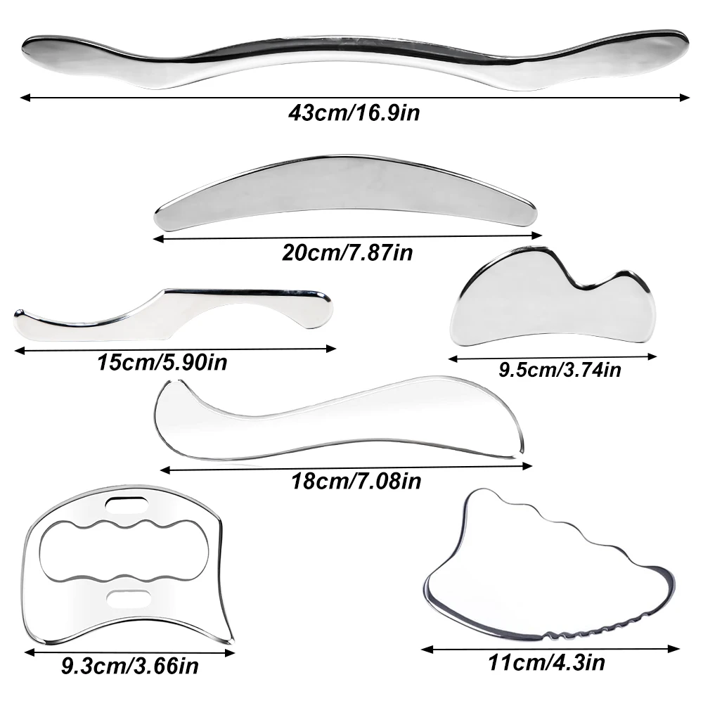 Juego de Herramientas de masaje de raspado Gua Sha de acero inoxidable, gran herramienta de movilización de tejido suave, terapia física, IASTM, 7 piezas