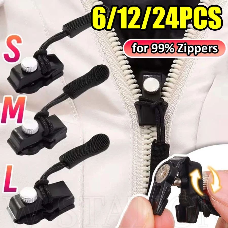 6/12/24Pcs Replaceable Zipper Pulls, Multi Sizes Zipper Sliders, Quick Replacement Repair Heads for Clothes, Backpacks, Luggage