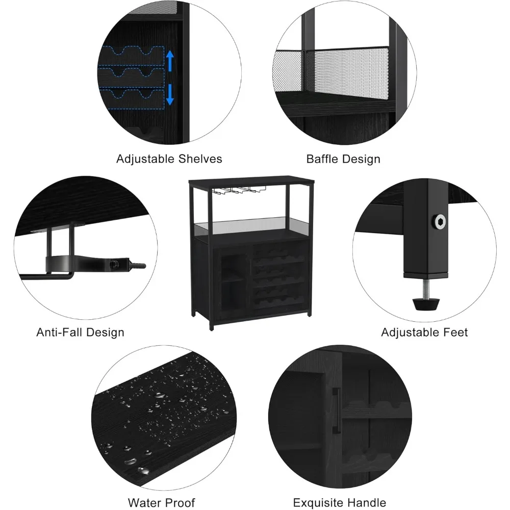 خزانة بار النبيذ من 3 طبقات مع رف نبيذ قابل للفصل، وخزانة مشروبات مع مساحة تخزين، وخزانة بار القهوة مع حامل زجاجي